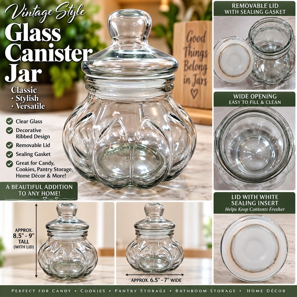 Vintage Style Clear Glass Pumpkin Canister Jar with Airtight Lid Ribbed 9 Inch